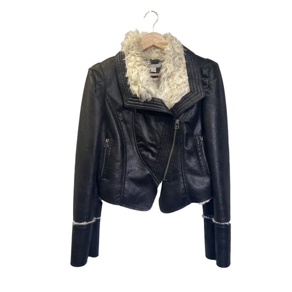 Boston Proper Black Faux Leather Off White Shearling Collar Moto Jacket - Picture 10 of 10